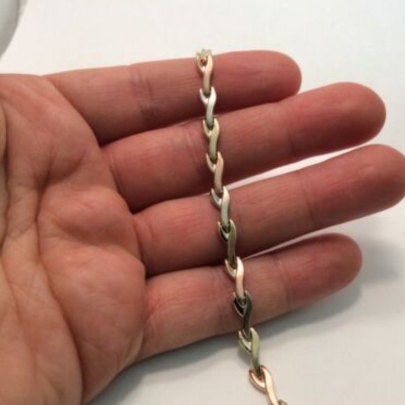 14k Tri-Color REAL Solid Gold XO Hearts & Kisses Cz Fancy Bracelet 7 1/4'' 4.4g - Picture 3 of 8